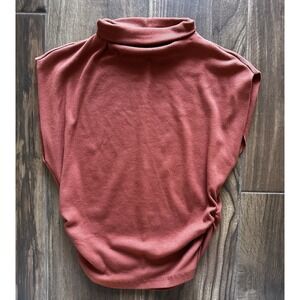 Michael Stars Amara Mock Neck Ribbed Top Rust Womens Med Power Shoulder